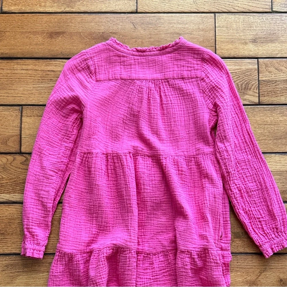 Boden Girls Pink Tiered Gauzy Cotton Dress 11-12y Pockets Long Sleeve Bow Detail